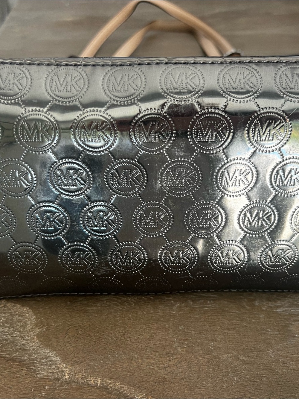 Michael Kors Metallic Pewter MK-Logo Tote with Tan Leather Straps - Picture 7 of 9